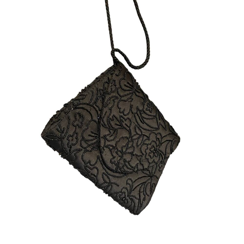 Vintage Valerie Stevens Beaded/Embroidered Floral Black Clutch with Side Strap